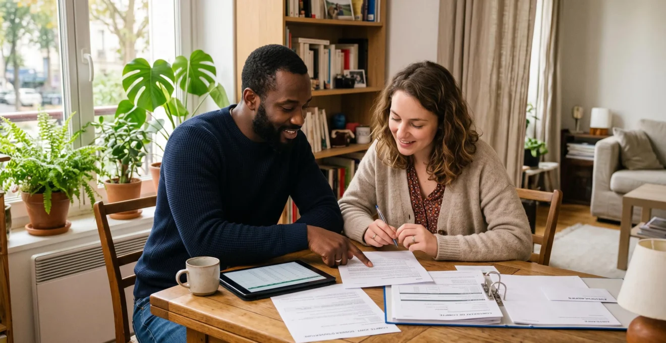 Un couple diversifié consulte ensemble des documents bancaires et une tablette à leur table à manger dans un intérieur chaleureux, planifiant l'ouverture d'un compte joint.