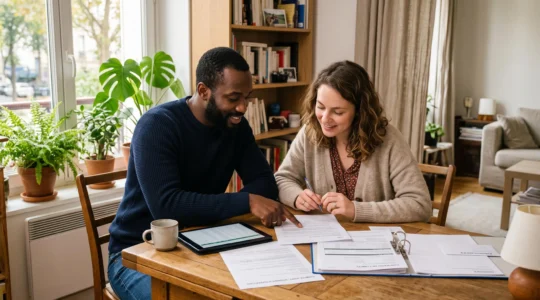 Un couple diversifié consulte ensemble des documents bancaires et une tablette à leur table à manger dans un intérieur chaleureux, planifiant l'ouverture d'un compte joint.