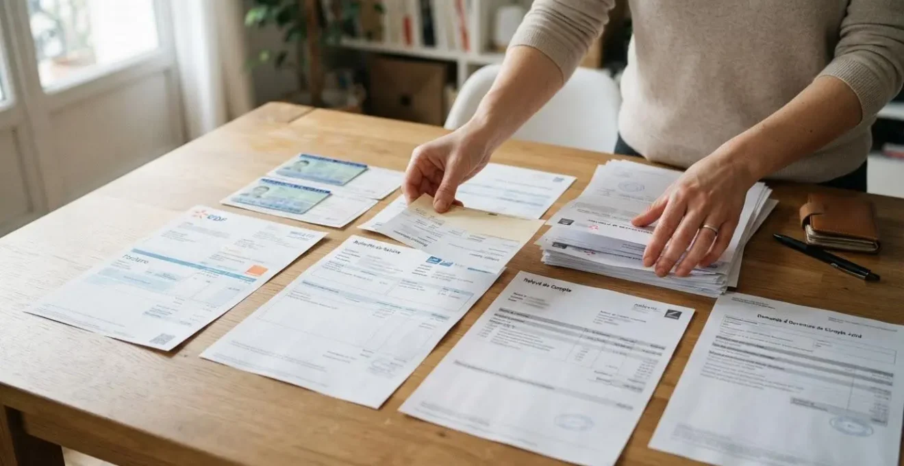 Des mains organisent méthodiquement des documents administratifs français sur une table, incluant pièces d'identité, justificatifs de domicile et documents financiers.